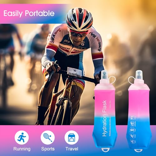 AXEN Soft Flask TPU Foldable Running Hydration Flask, Soft Collapsible Water Bottle for Hydration Pack Cycling Marathon Running Hiking - color: Pink&Blue-500ml