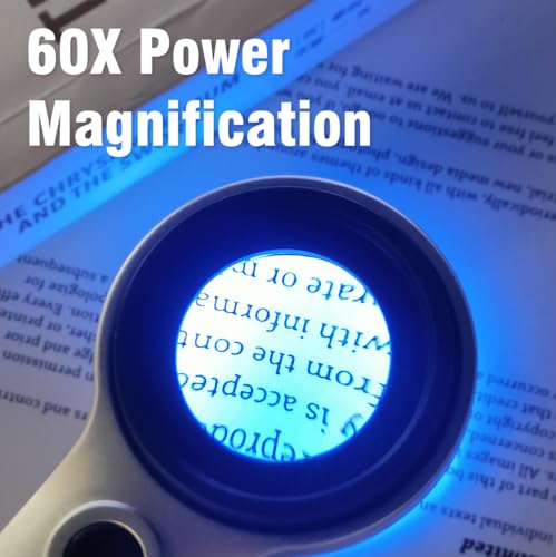 Handheld 60X Magnifier Loupe with UV & LED Lights 30mm Optical Coating Lens USB Rechargeable Jewelry Loupe Magnifying Glass for Jewellery, Rocks, Coins, Stamps, Antique, Watch Repairs - size: 60X with Button Light