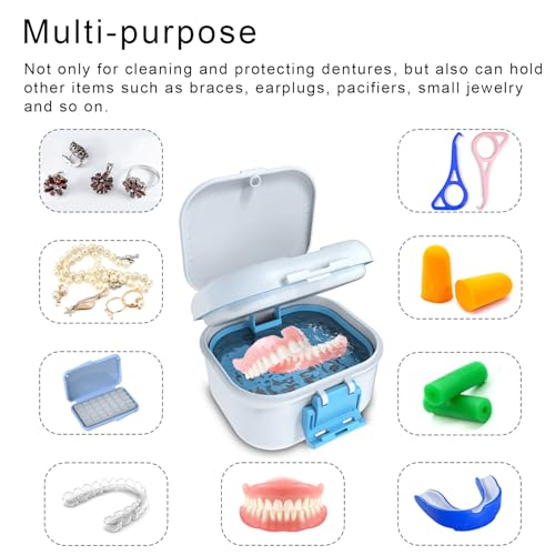 BVN Denture Case with Strainer, Leak Proof Denture Soaking Box | Portable Dental Cup with Storage Compartment, Magnetic Lid & Ventilation Design for Dentures, Retainers and Braces - color: White+blue