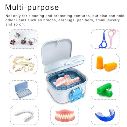 BVN Denture Case with Strainer, Leak Proof Denture Soaking Box | Portable Dental Cup with Storage Compartment, Magnetic Lid & Ventilation Design for Dentures, Retainers and Braces - color: White+blue