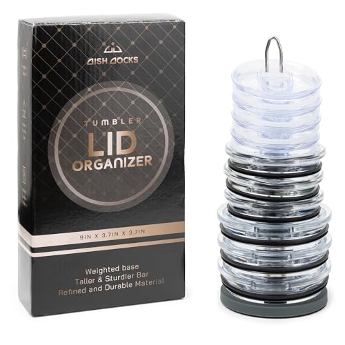 Tumbler Lid Organizer for Cabinet & Countertop - Slim Space-Saving Lid Holder with 9" Sturdy Bar & Weighted, Non-Slip Base - Vertical Storage Cup Lid Organizer - Collapsible Lid Rack for 10 Lids