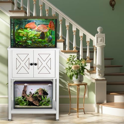 5-10 Gallon Fish Tank Stand, Heavy Duty Aquarium Stand with Cabinet & Power Outlets for Fish Tank Accessories Storage, Double Reptile Terrarium Stand 20.5" L* 11" W Tabletop, White