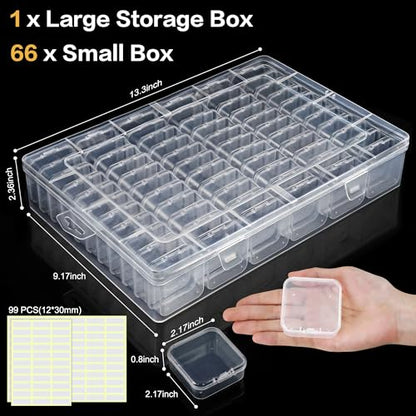 Large Bead Organizer Box, 66 Pcs Small Clear Storage Containers with Labels, Mini Bead Organizers and Storage Craft Case with Handle for Jewelry Bracelet Screws Seeds Diamonds Arts Small Parts
