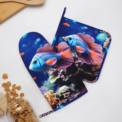 Coral Reef Fish Aquarium Oven Mitts and Pot Holders Sets of 2 Heat Resistant Silicone Oven Gloves Hot Pad Non-Slip Long Oven Mitts Potholders Extra Thicken Kitchen Mittens for Cooking