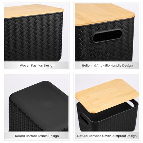 4 Packs Storage Bins with Bamboo Lids - Plastic Storage Containers with Lids Stackable Storage Box: Storages Baskets for Organizing Desktop Closet Playroom Classroom Office, Black