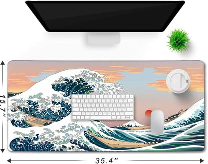 Japanese Large Mouse Pad,Desk Mat Office Desk Pad, Extended Large Mouse Mat for PC, Stitched Edges Gamer Mousepad 35.4 X 15.7 Inch Long Mice Pad, Sunset Sea - color: Sunset Sea, size: 35.4" x 15.7"