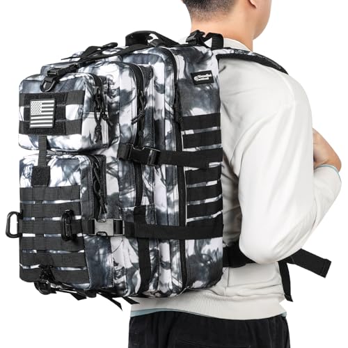 Hannibal Tactical MOLLE Assault Backpack, Tactical Backpack Military Army Camping Rucksack - color: Black/White Camo