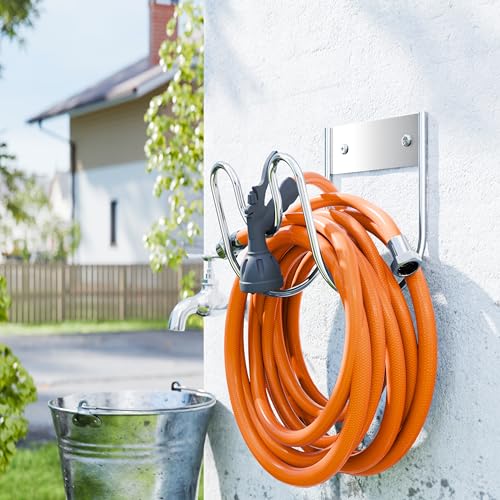 Stainless Steel Garden Hose Holder - Extra Large Heavy Duty Silver SS304 Wall Mounted Hanger for Water Hose, Extension Cords, Vacuum Lines, Anti-Rust