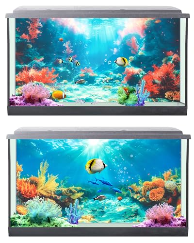 4 Pack Aquarium Background Polyester 36 x 18 Inch Cloth Fish Tank Background Undersea Corals Sunshines Rock Aquatic Plants Wallpaper with Double-Sided Tape