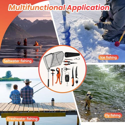RAWILL 9 Pcs Fishing Tool Kit, Fishing Pliers with Lanyard and Protective Sheaths, Landing Net, Fillet Knife, Fish Scale, Gripper - color: Orange