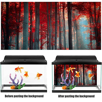 Aquarium Background Poster, Fish Tank Decorations Pictures 3D Effect PVC Adhesive Poster Red Maple Leaf Forest Decor Paper Cling Decals Sticker,122x46 cm