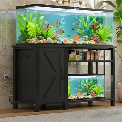 55-75 Gallon Aquarium Stand Farmhouse Fish Tank Stand with Power Outlet Heavy Duty Tank Stand with Adjustable Shelf for Fish Tank, Turtle Tank, Reptile Terrarium, 1000LBS Capacity, Black