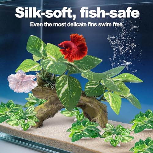 9 Pcs Fish Tank Decor，Silk Aquarium Plants Green Silk Leaf pad Hammock Artifical Driftwood cave Betta Fish Tank Accessories 6 x 3 x 4 inches(LxWxH) - size: 9 Pcs Silk Aquarium Plants（Style B）