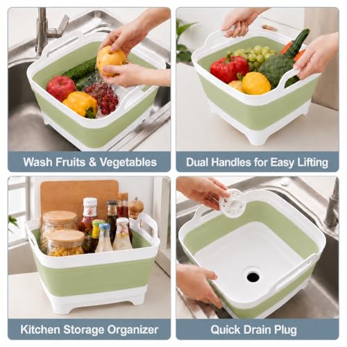 2.4 Gal(9L) Collapsible Dish Basin with Drain Plug, Space Saving Outdoor Multiuse Foldable Sink Tub, Dishpan, Kitchen Storage Tray for Camping, Vegetable Washing, RV (Green) - color: Green