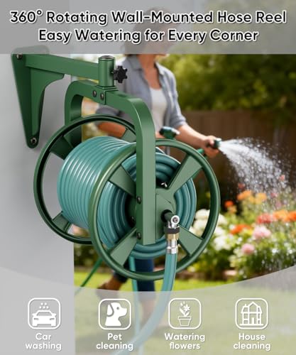 Rotating 360° Garden Hose Reel, Wall Mounted Hose Reel Holder Holds 165ft of 5/8'' Hose, Outdoor Heavy Duty Metal Water Hose Organizer Storage Rack with 3.9ft Leader Hose for Outside, Green