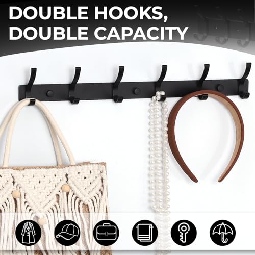 Wall Mount Coat Rack 2 Pack, Black Coat Hooks Hanger with 6 Double Hooks - color: Black, size: 2 Pack(6 hooks)