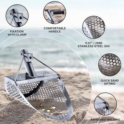 Sand Scoops for Beach Metal Detecting Stainless Steel Beach Metal Detecting Shovel Underwater Treasure Hunting, Metal Detector Accessories(Bag + Scoop + Carbon Fiber Handle), (11x8 + Handle) - size: 11 x 8 in + Handle
