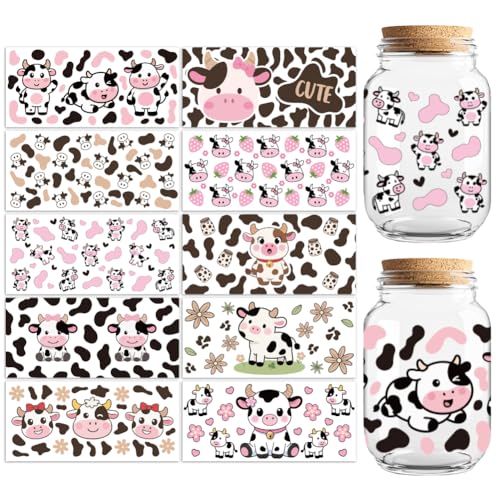 UV DTF Cup Wraps Transfer Stickers Cow Pattern, 10 Sheets Waterproof Custom Vinyl Transfer Sticker 16oz Coffee Glass Cup Tumbler Bottle Mug Decals for Men Women - style: Cow