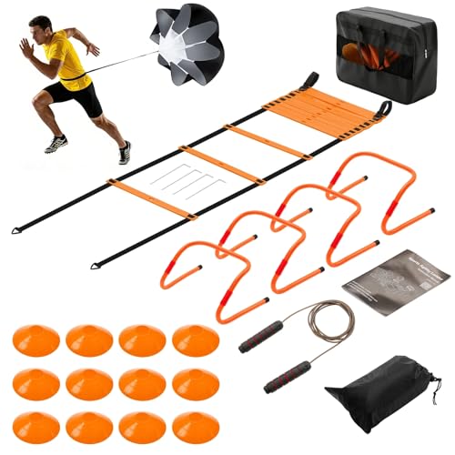 Agility Ladder Training Set, 20ft Speed Ladder with 4 Hurdles, Jump Rope, 12 Soccer Cones & Running Parachute, All-in-One Agility Speed Training Equipment for Soccer, Football, Basketball - color: blue