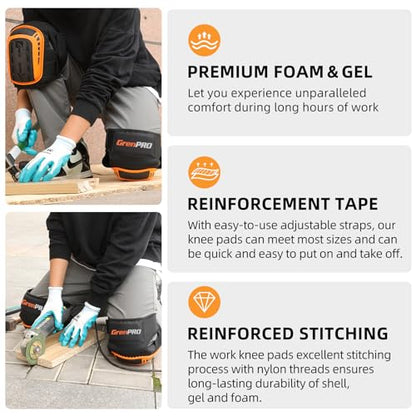 GRENPRO Heavy Duty Knee Pads for Men, Gel Foam, Construction Work - color: Orange