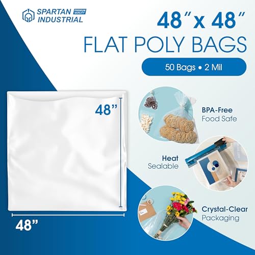 48" X 48" Open-End Flat Poly Bags (50 Count) - 2 Mil Clear Plastic Bags for Packaging, Shipping, Storage - No Adhesive Strip - Spartan Industrial - size: 48” X 48”
