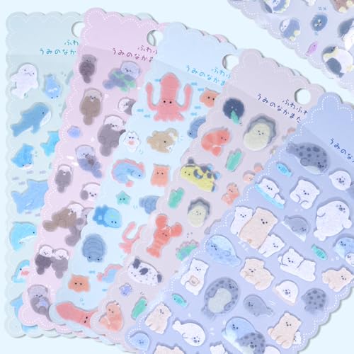 Cute Kawaii Sea Creature Stickers – Soft Flocked Felt 3D Sticker with Lobster,Penguins,Seals,Otters,Sharks & Whales – Textured Stickers for Adults,Scrapbooking & Planner Decor, 6 Sheets