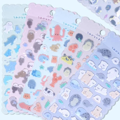 Cute Kawaii Sea Creature Stickers – Soft Flocked Felt 3D Sticker with Lobster,Penguins,Seals,Otters,Sharks & Whales – Textured Stickers for Adults,Scrapbooking & Planner Decor, 6 Sheets