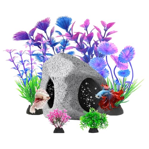 Fish Tank Decorations Set, Aquarium Decor Hideaway Rock Cave x 1pc, Decor Accessories Aquatic Plants x 6pcs.