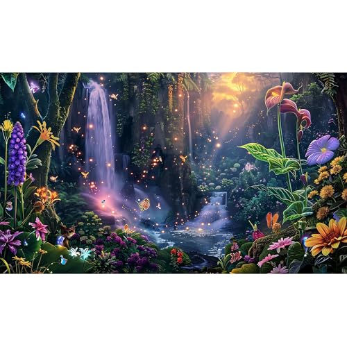 Fantasy Garden Aquarium Background Sunset Waterfall and Flowers Terrarium Backdrop Tropical Forest Lush Plant Magic Butterfly Lights Flowers Fish Tank Background Poster Decorations 24x12in - color: Purple, size: 24(W)x12(H)in