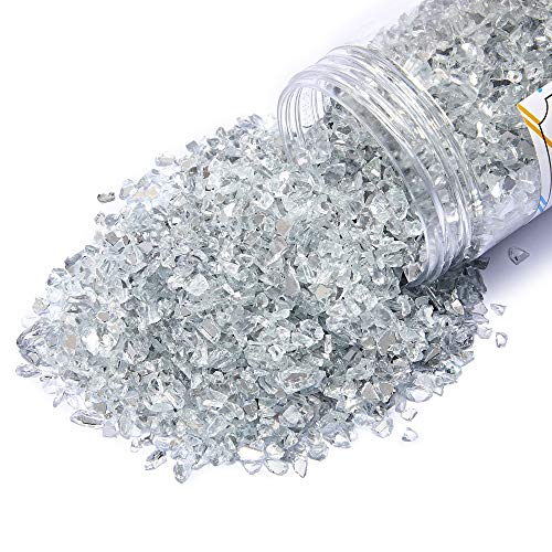 TWINKLING High Luster Fire Glass Gravel Stone Glitter,Broken Glass,Fire Gems Chips,Crushed Glass for Fire Pit Crafts Resin Art Aquarium Garden Decoration,3-6mm,1-Pound Jar (Mirror)