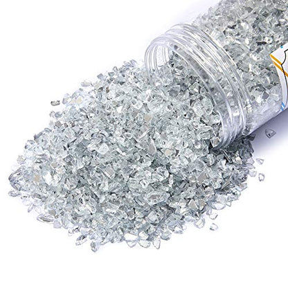 TWINKLING High Luster Fire Glass Gravel Stone Glitter,Broken Glass,Fire Gems Chips,Crushed Glass for Fire Pit Crafts Resin Art Aquarium Garden Decoration,3-6mm,1-Pound Jar (Mirror)
