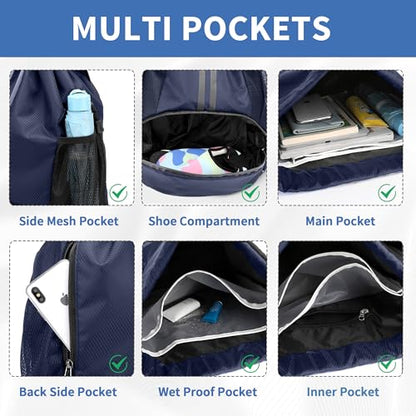 JELUTAR Drawstring Backpack Gym Bag with Shoes Pocket, Navy Blue - color: Navy Blue, size: Large
