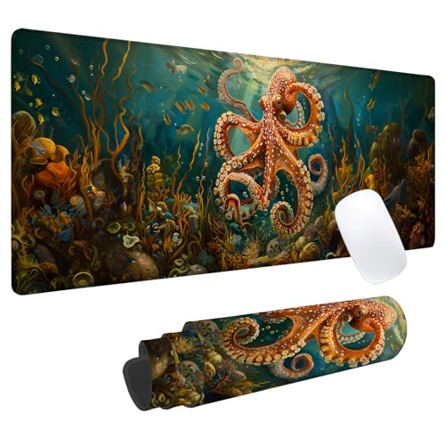 Octopus Ocean Gaming Mouse Pad, Office Desk Mat, Anti-Slip Rubber Base Cool Aesthetic Mouse Pads for Computer Laptop Keyboard School Home Desktop Gamer Home Accessories Decor 31.5" x 11.8"