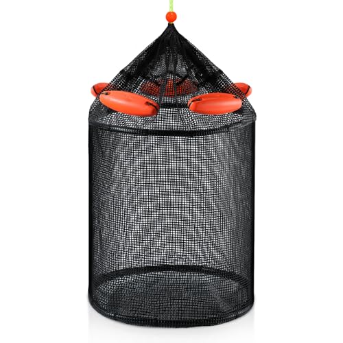 Extra Large Foldable Floating Fishing Basket for Live Caught Fish, Heavy Duty Coated Mesh Bait Pen, Collapsible Mesh Fishing Basket