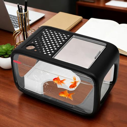 Desktop Fish Tank, 3.17 Gal Modern Aquarium Kit, Fish Bowl with Clear View Cover, Top Feeding Hole and Built-in Climbing Frame, for Small Aquatic Pets, Turtles, Shrimp Home Office Use