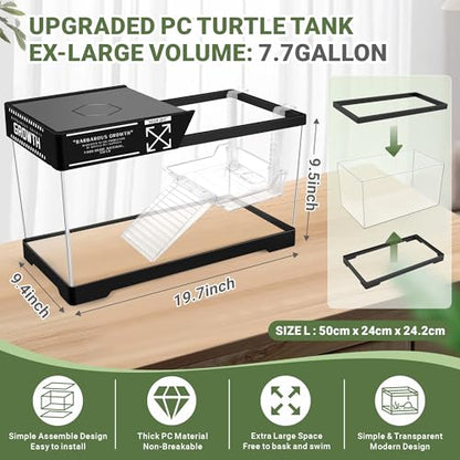 GOZILLA Aquatic Turtle Tank+Lamp+Filter Kit, Upgrade PC Turtle Tank Kit with Adjustable 360°Lamp & Filter,Reptile Habitat Lid,Hanging Platform for Small Reptiles.(19.68× 9.52× 9.44''/Large-Black)