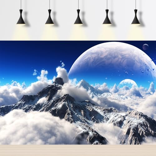 Celestial Aquarium Backdrop Snow Capped Mountains Alien Planet Terrarium Background Space Planets and Natural Landscape Fish Tank Backdrop Tranquil Natural Cloudy Sky Aquarium Backdrops 30x18in - color: White_Blue, size: 30(W)x18(H)in