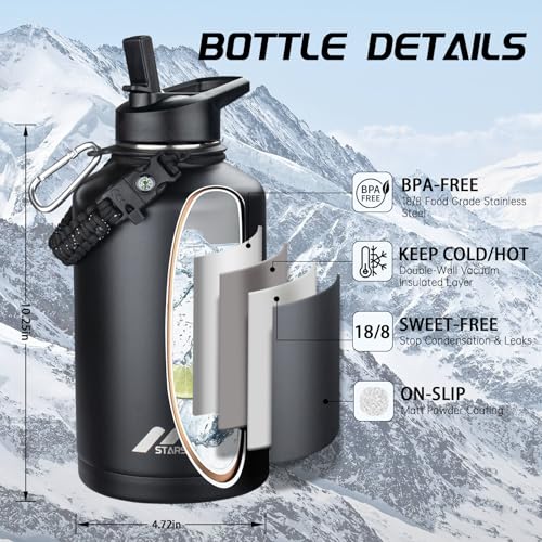 StarSpeed 64oz Insulated Water Bottle with Straws & 2 Lids,Black - color: Black, size: 64 Ounces