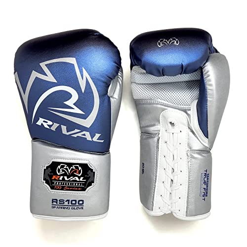 RIVAL Boxing RS100 Professional Lace-Up Sparring Gloves, Handcrafted with Super-Rich Microfiber PU, Ergonomically Designed to Perfectly Fit Your Hand - color: Blue/Silver, size: 18 oz.