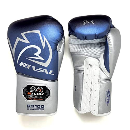 RIVAL Boxing RS100 Professional Lace-Up Sparring Gloves, Handcrafted with Super-Rich Microfiber PU, Ergonomically Designed to Perfectly Fit Your Hand - color: Blue/Silver, size: 18 oz.