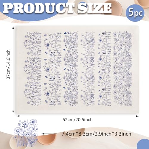 PLIGREAT 5 Pcs Wildflower Underglaze Transfer for Pottery, 20.5x14.6in Ceramic Clay Transfer Paper Blue Ceramic Decals Under Glaze Transfers for Pottery Enamel Decals DIY Handicraft Supplies - style: Wildflower