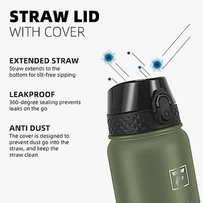Fanhaw 32oz Kids Stainless Steel Water Bottle with Straw Lid, Olive Green - color: Olive Green, style: 32 Ounces