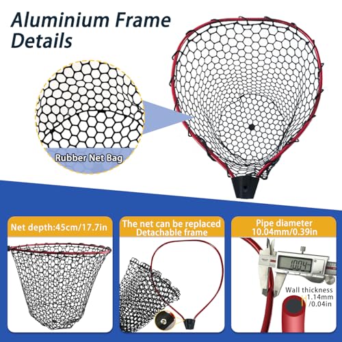 Telescoping Metal Lock Fishing Net with Handle Red Green 64" 52" Rubber Fish Net - Adjustable Length Lightweight Foldable Large Big Collapsible Extendable Fishing Net - color: Red with black handle(3-section pole)