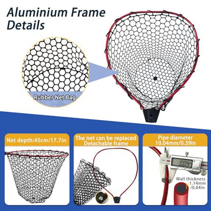 Telescoping Metal Lock Fishing Net with Handle Red Green 64" 52" Rubber Fish Net - Adjustable Length Lightweight Foldable Large Big Collapsible Extendable Fishing Net - color: Red with black handle(3-section pole)
