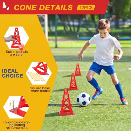 12 Pack Soccer Cones, 9 Inch Agility Cones for Soccer, Football, Basketball, Cones for Sports Training, Speed & Agility Drills, Field Marking Equipment - color: red