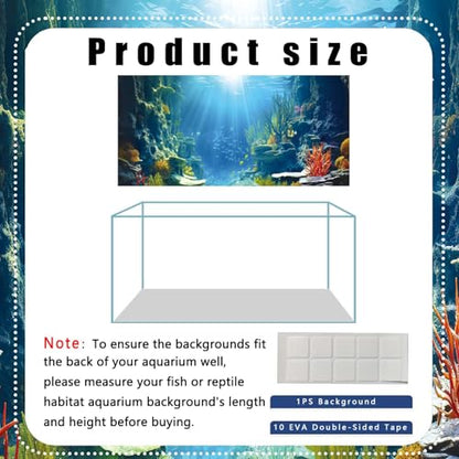 48X20IN Blue Sea Floor Aquarium Background, Natural Underwater World 3D Effect Fish Tank Decorations Background, Art Terrarium Background with 8 EVA Double-Sided Tape