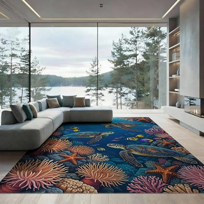 8'x10' Washable Graphic Turtle Large Rug, Teal Non-Shedding Pet Friendly Carpet for King Size Bedroom, Master Suite, Under Bed, Foldable Easy Care Mat | Ref:1955521 - color: Blue/Pattern 24, size: 8' x 10' (Rectangular)