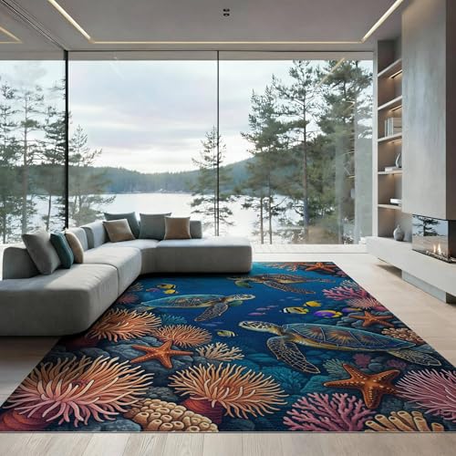 9'x12' Washable Beachy Starfish Oversized Rug, Pink Non-Shedding Pet Friendly Carpet for Master Suite, California King, Under Bed, Foldable Easy Care Mat | Ref:1955521 - color: Blue/Pattern 24, size: 9' x 12' (Rectangular)