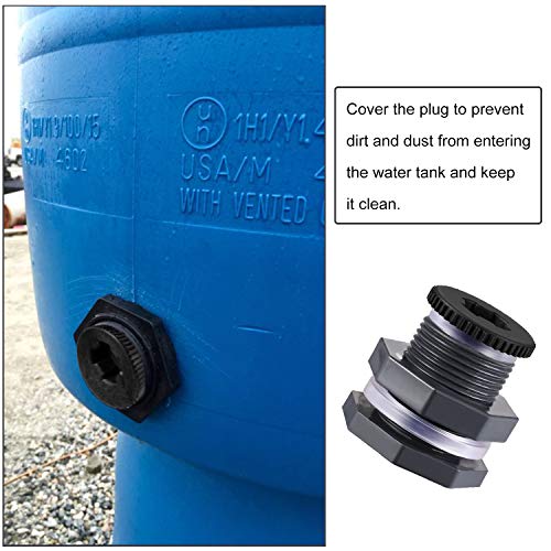 Outus 2 Pieces PVC Bulkhead Fitting with Plugs for Rain Barrels, Aquariums, Water Tanks, Tubs, Pools (3/4 Inch+4 mm Thick Silicon Seal Gaskett,Dark Grey)