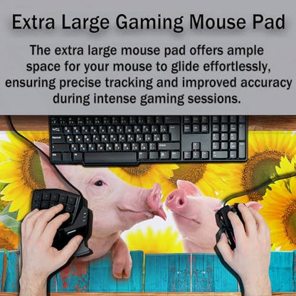 Keyboard Mat Yellow Blue Long Mouse Pad, Computer Mat Large Desk Pads, Big Desk Mat Non-Slip Rubber Base, 35.4 X 15.7 inch for Work/Game/Office/Home Funny Pig Hanging on A Fence. Studio Photo. - color: Funny Pig